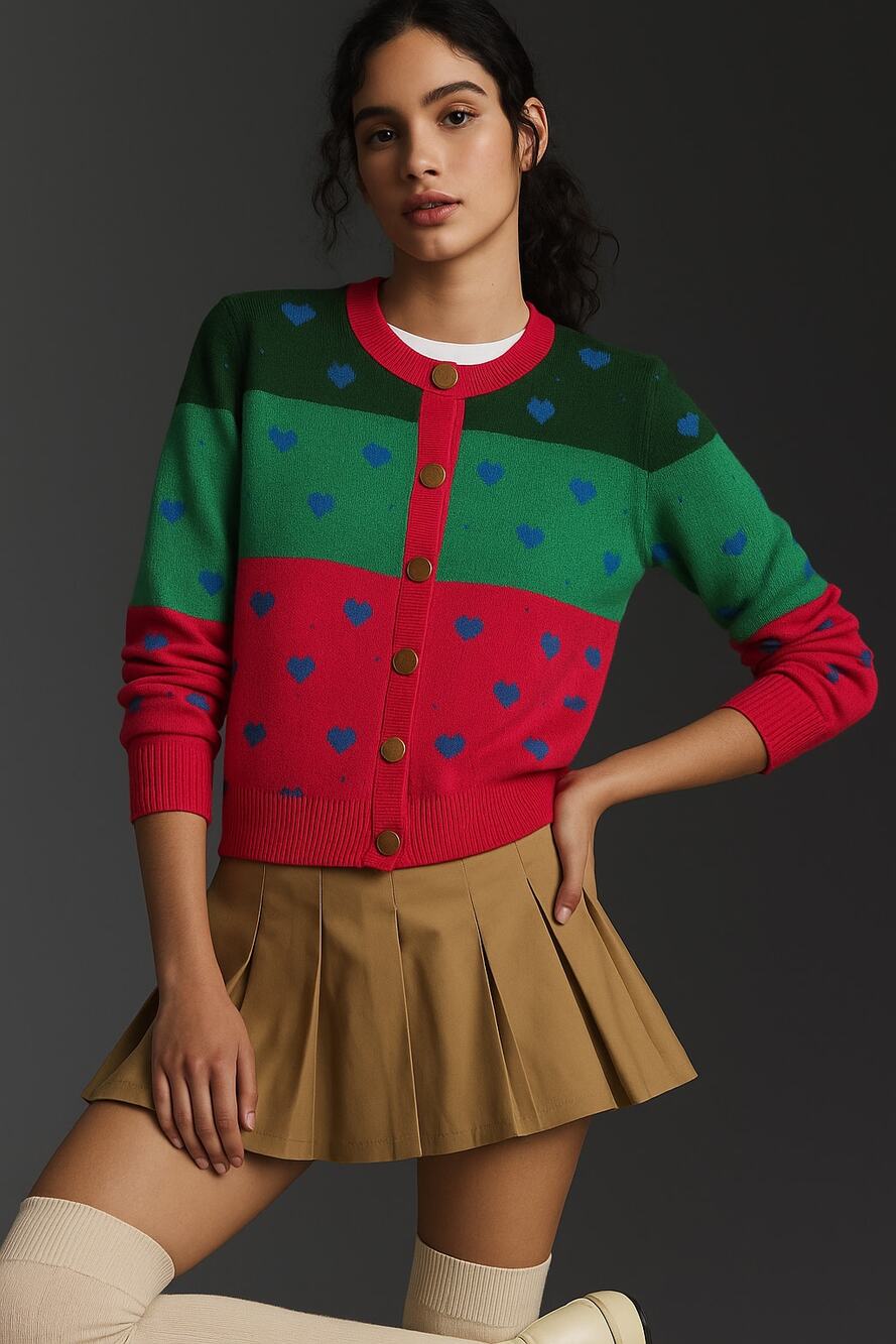 Benito Fernández 100% Wool Heart Cardigan Maximalist Color-Block Knit - Size S